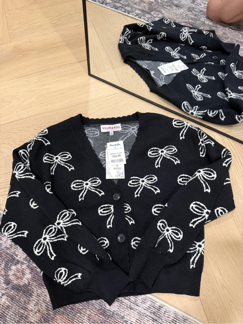 Willow & Wind Black Bow-Print V-Neck Cardigan